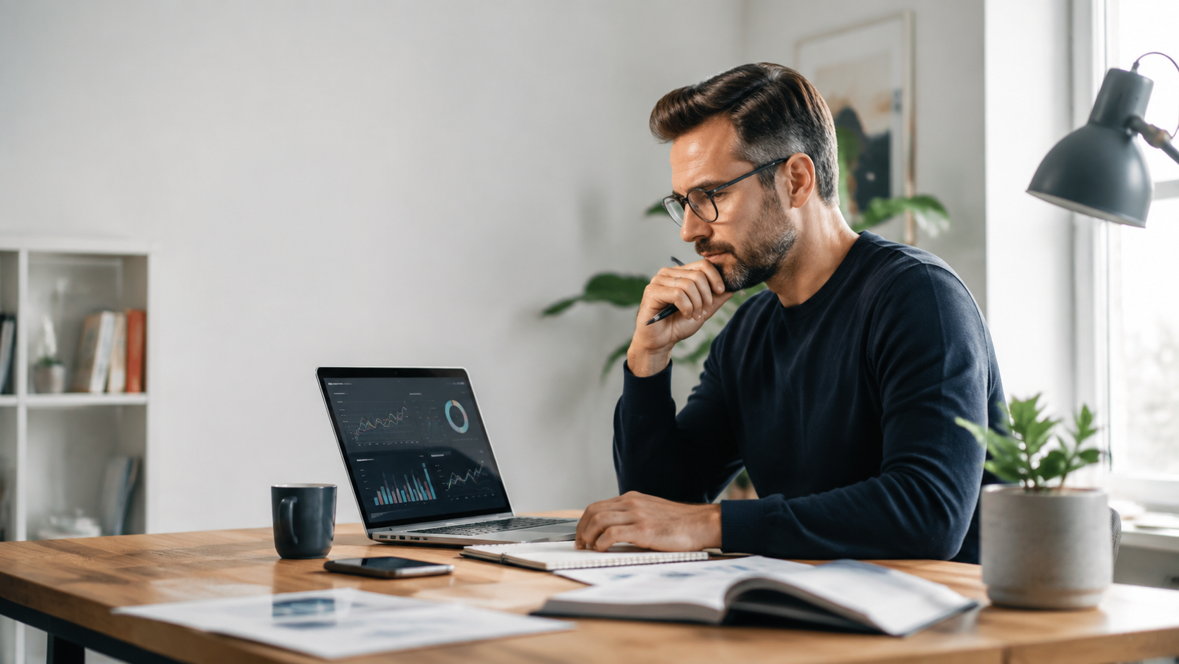 Persona estudiando inversiones y analizando datos de mercado en un portátil